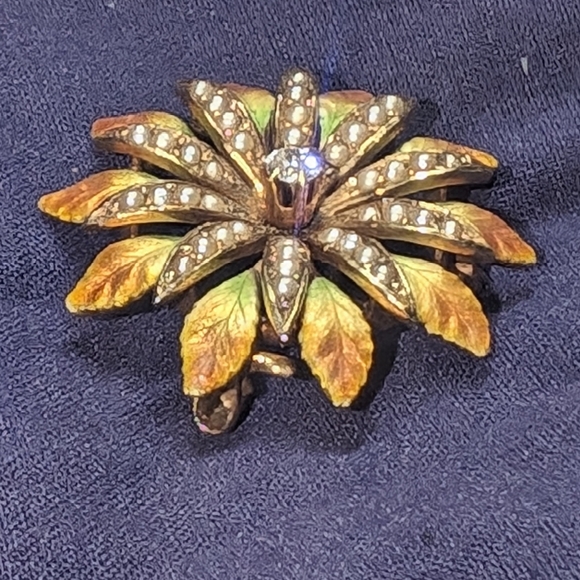 Antique Edwardian 14K Gold Enamel Diamond Seed Pearl Flower Pendant Brooch 1" - Picture 4 of 11